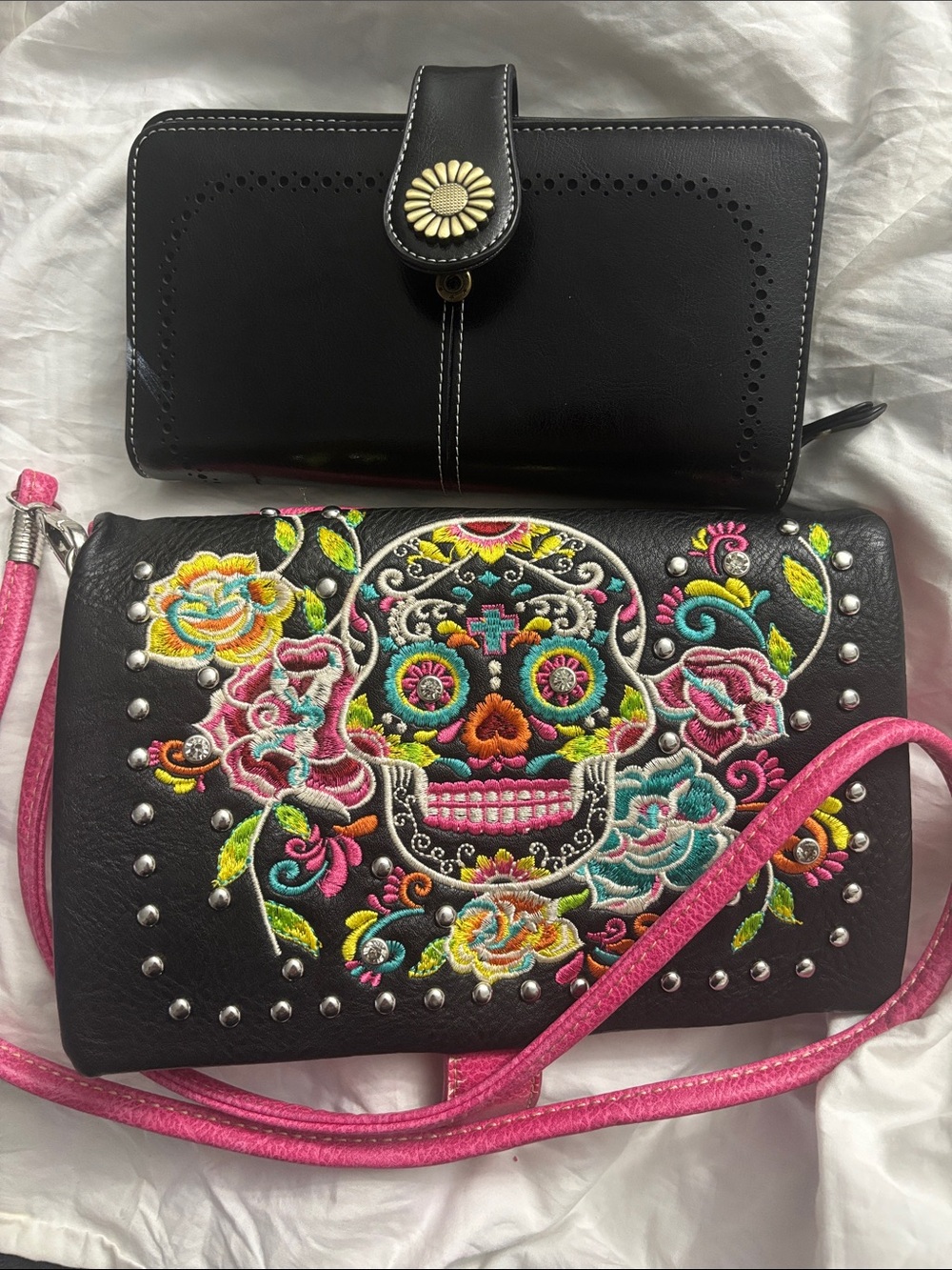 2 wallets - Embroidered Floral Skull Crossbody Wallet with Strap+black wallet